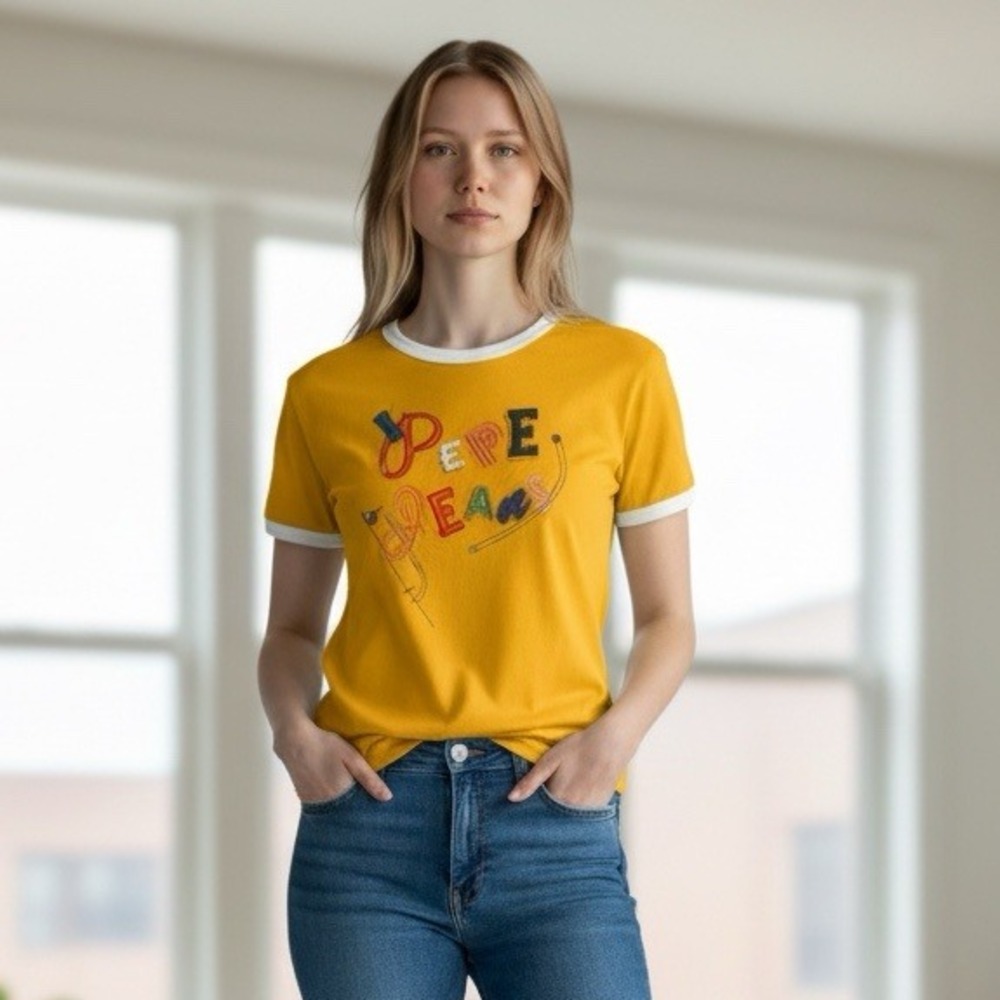 Vintage Pepe Jeans London Girls‎ Gold Graphic T Shirt Short Sleeve Size M New